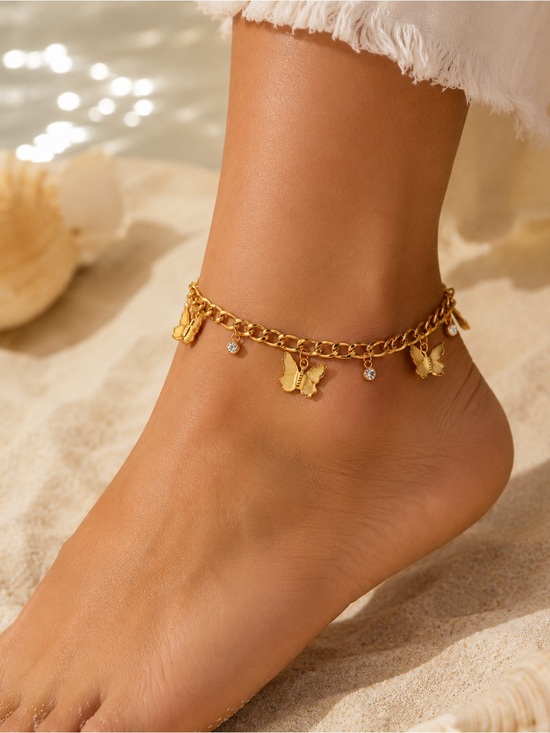 None Jewelry - Butterfly Anklet Stainless Steel Figaro Chain Zircon Charm Beach Jewelry